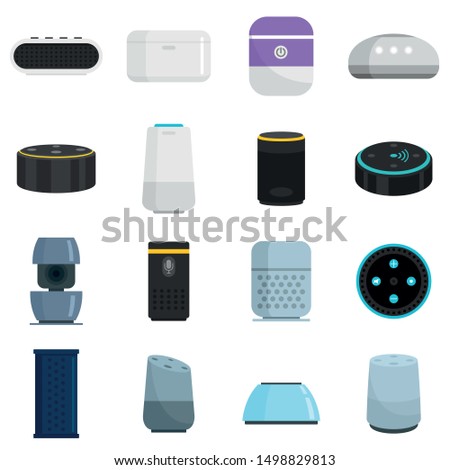 Smart speaker icons set. Flat set of smart speaker vector icons for web design