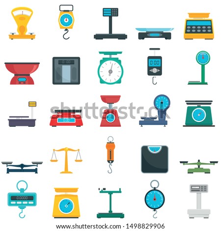 Weigh scales icons set. Flat set of weigh scales vector icons for web design
