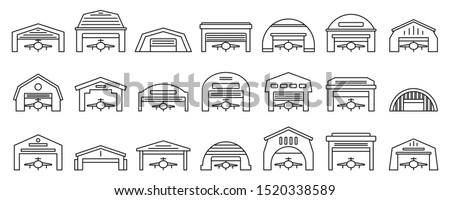 Airport hangar icons set. Outline set of airport hangar vector icons for web design isolated on white background