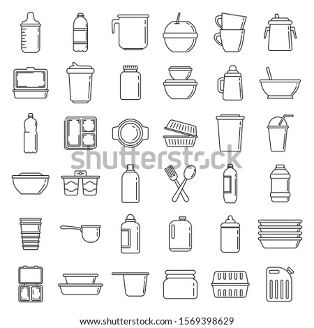 Modern plastic tableware icons set. Outline set of modern plastic tableware vector icons for web design isolated on white background