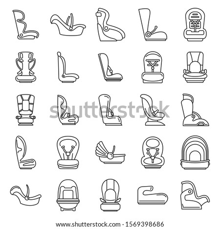 Modern baby car seat icons set. Outline set of modern baby car seat vector icons for web design isolated on white background
