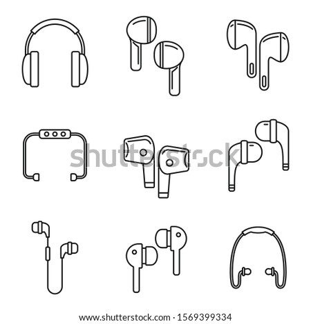 Personal wireless earbuds icons set. Outline set of personal wireless earbuds vector icons for web design isolated on white background