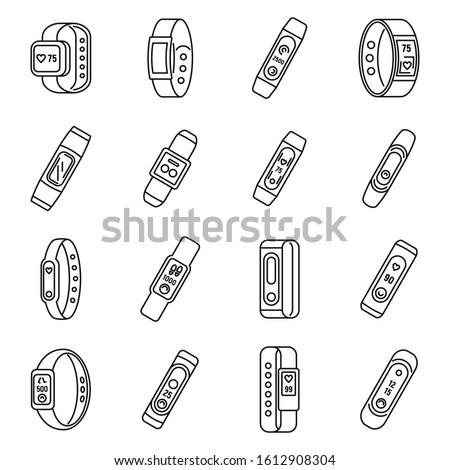 Sport fitness bracelet icons set. Outline set of sport fitness bracelet vector icons for web design isolated on white background