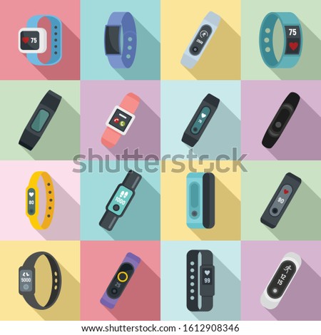 Fitness bracelet icons set. Flat set of fitness bracelet vector icons for web design