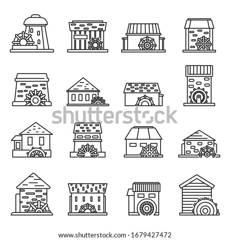 Farm water mill icons set. Outline set of farm water mill vector icons for web design isolated on white background