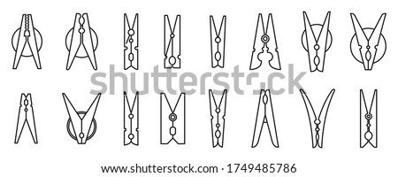 Laundry clothes pins icons set. Outline set of laundry clothes pins vector icons for web design isolated on white background