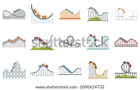 Roller coaster icons set. Flat set of roller coaster vector icons isolated on white background