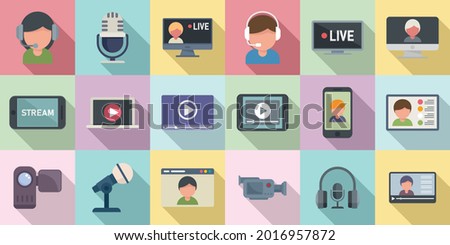 Stream icons set flat vector. Live streaming. Video watch