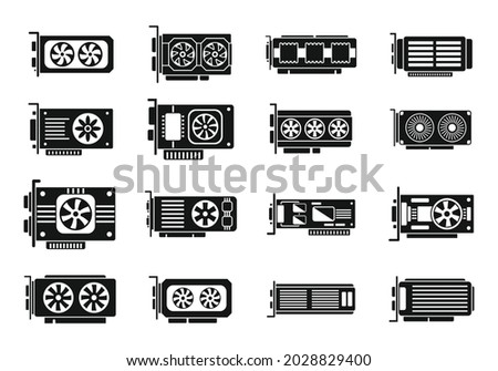 Graphics card icons set simple vector. Video board. Chip game