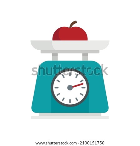 Fruit on kitchen scales icon. Flat illustration of fruit on kitchen scales vector icon isolated on white background