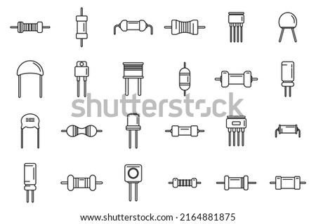 Resistor icons set outline vector. Capacitor chip. Battery board