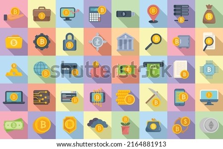 Cryptocurrency icons set flat vector. Blockchain ledger. Miner innovation