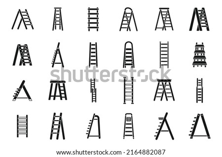 Step ladder icons set simple vector. Home metal. Stairway wooden