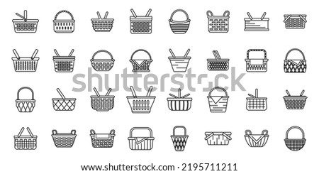 Picnic basket icons set outline vector. Fruit hamper. Food wicker