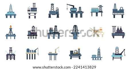 Sea drilling rig icons set flat vector. Oil industry. Power platform isolated