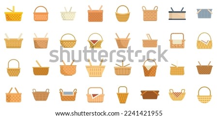 Picnic basket icons set flat vector. Fruit hamper. Food wicker isolated