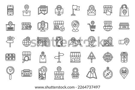 Store locator icons set outline vector. Office travel. Area map