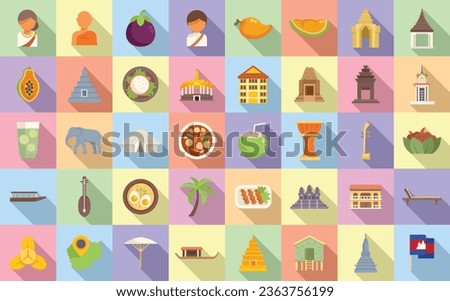 Cambodia icons set flat vector. Asia map. Travel landmark