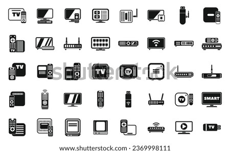 Smart TV box icons set simple vector. Cable device. Television movie