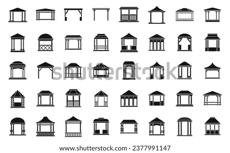 Pergola icons set simple vector. Gazebo park. Wooden alcove patio