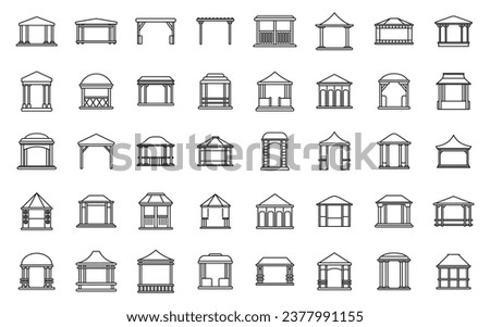 Pergola icons set outline vector. Gazebo park. Wooden alcove patio