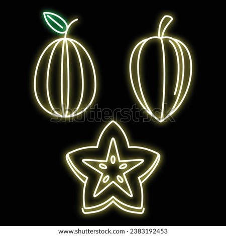 Carambola star fruit icons set. Outline set of carambola star fruit vector icons neon color on black