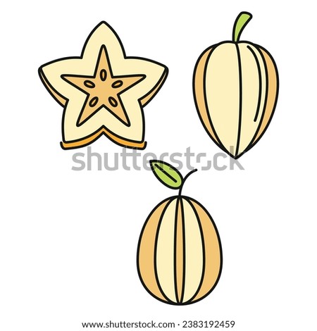 Carambola star fruit icons set. Outline set of carambola star fruit vector icons thin line color flat on white