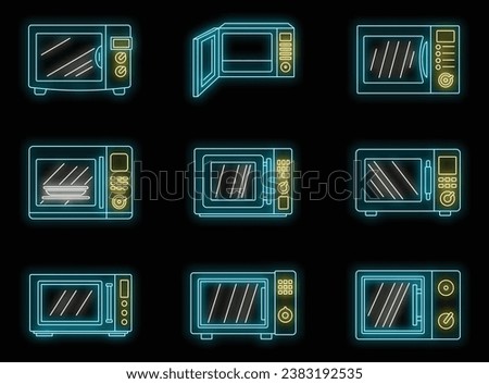 Modern microwave icon set. Outline set of modern microwave vector icons neon color on black