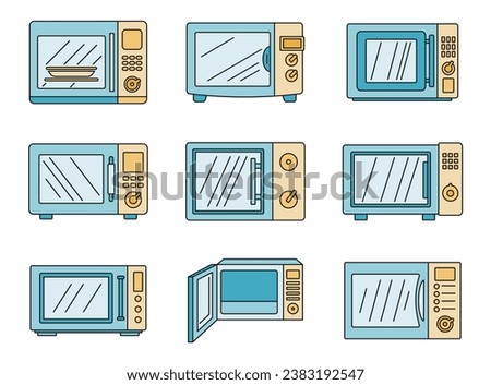 Modern microwave icon set. Outline set of modern microwave vector icons thin line color flat on white