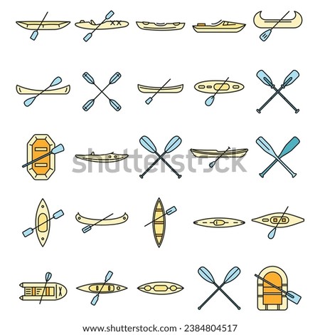 Extreme canoeing icons set. Outline set of extreme canoeing vector icons thin line color flat on white