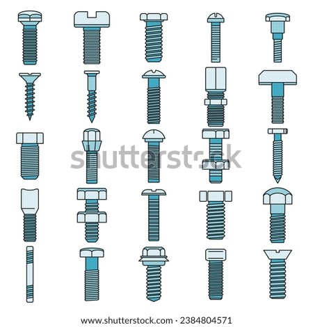 Screw-bolt industrial icons set. Outline set of screw-bolt industrial vector icons thin line color flat on white
