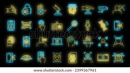 Modern biometric authentication icons set. Outline set of modern biometric authentication vector icons neon color on black