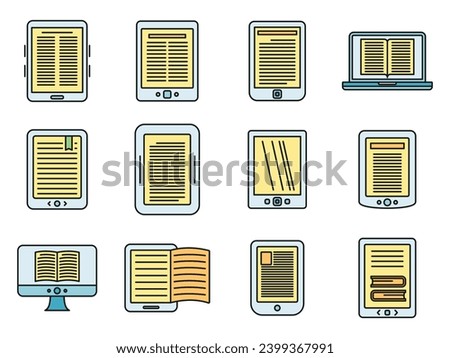 Ebook reader icons set. Outline set of ebook reader vector icons thin line color flat on white