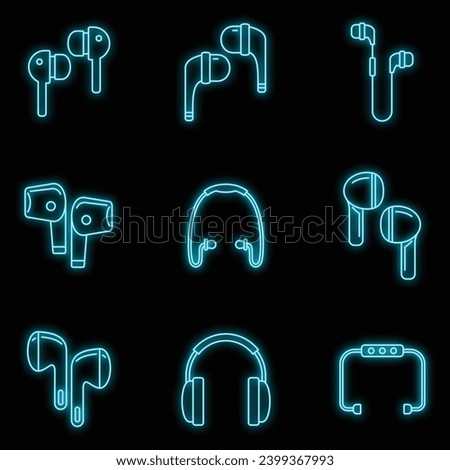 Personal wireless earbuds icons set. Outline set of personal wireless earbuds vector icons neon color on black