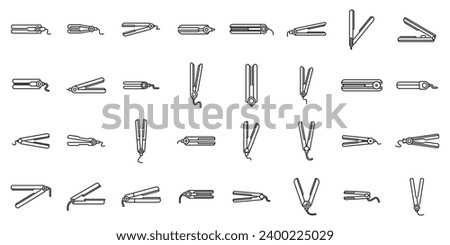 Hair straightener icons set outline vector. Salon iron hair. Care barber ceramic