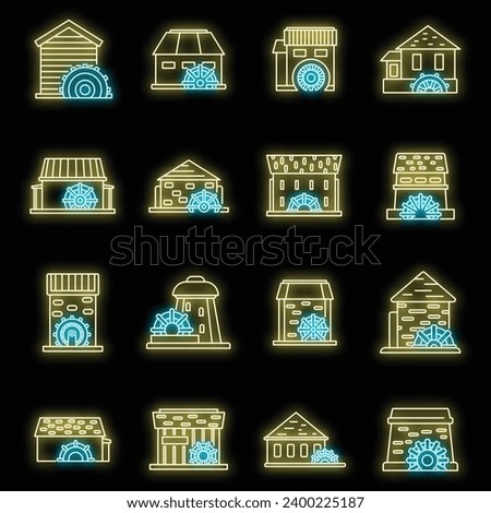 Farm water mill icons set. Outline set of farm water mill vector icons neon color on black