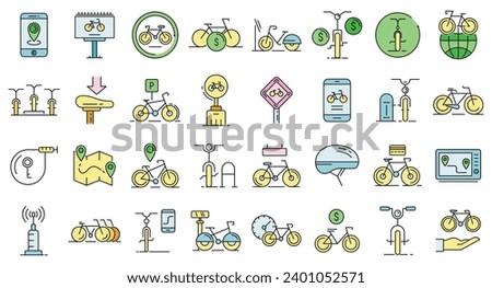 Rent a bike icons set. Outline set of rent a bike vector icons thin line color flat on white