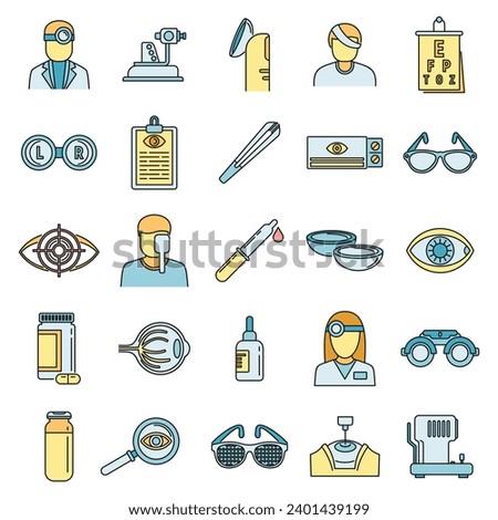 Medical eye examination icons set. Outline set of medical eye examination vector icons thin line color flat on white