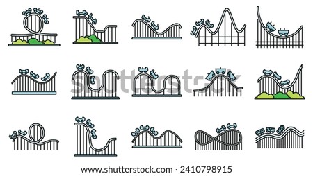 Roller coaster amusement icons set. Outline set of roller coaster amusement vector icons thin line color flat on white