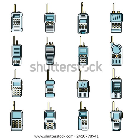 Security walkie talkie icons set. Outline set of security walkie talkie vector icons thin line color flat on white