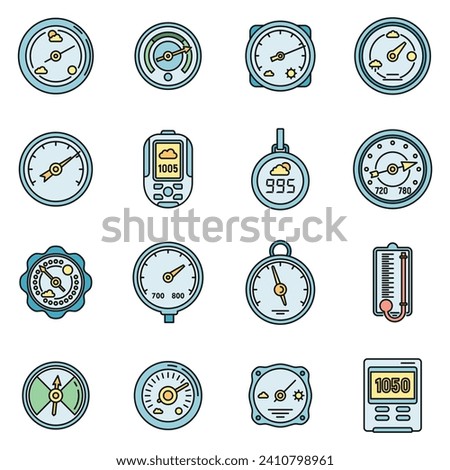 Barometer control icons set. Outline set of barometer control vector icons thin line color flat on white