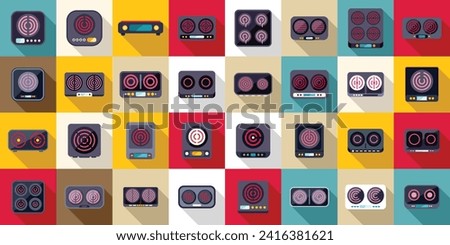 Induction cooker icons set flat vector. Cooking house. Oven stove