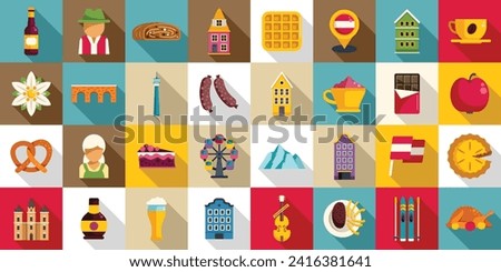 Vienna icons set flat vector. Austria architecture. City history opera