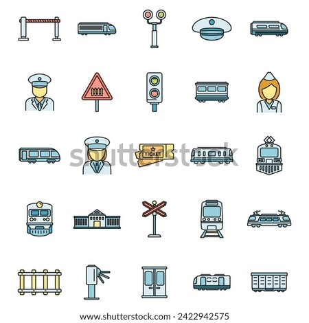 Electric train driver subway icons set. Outline set of electric train driver subway vector icons thin line color flat on white