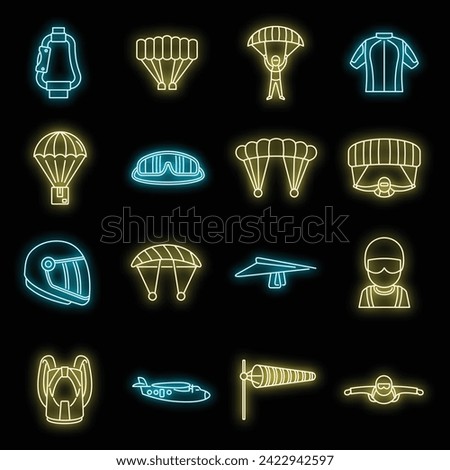 Fly parachuting icons set. Outline set of fly parachuting vector icons neon color on black