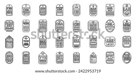 Airport travel tags icons set outline vector. Luggage baggage. Plane flight tag