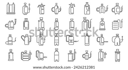 Pesticide sprayer icons set outline vector. Pressure garden lawn. Spray field