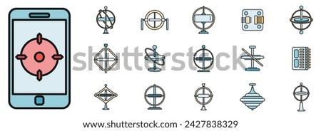 Gyroscope instrument icons set. Outline set of gyroscope instrument vector icons thin line color flat on white