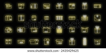 Box icons set outline vector. Gift present. Close surprise neon isolated