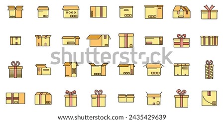 Box icons set outline vector. Gift present. Close surprise color line isolated